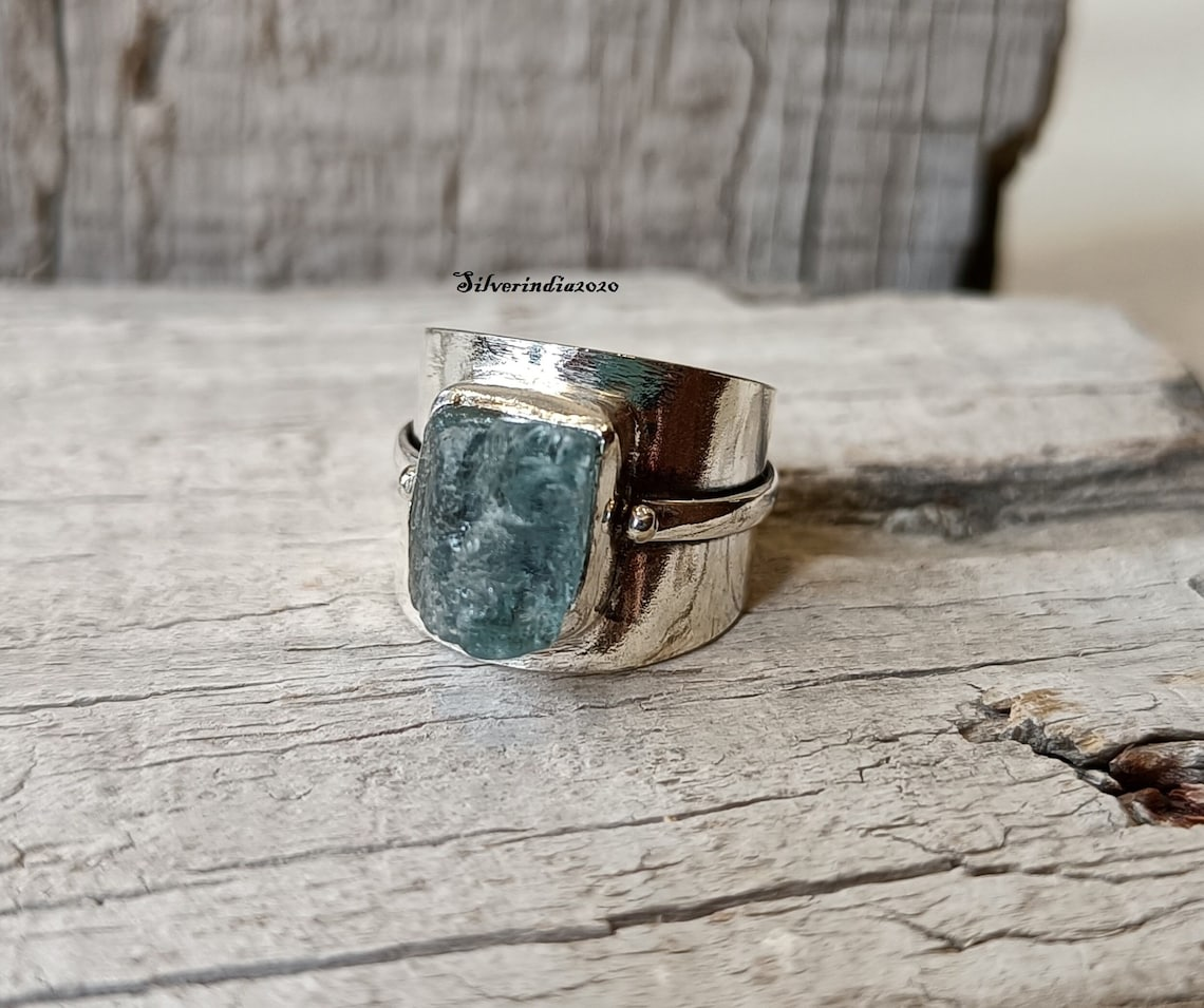 Raw Aquamarine Statement Ring 925 Sterling Silver Band