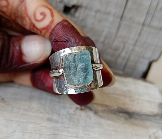 Raw Aquamarine Statement Ring 925 Sterling Silver Band